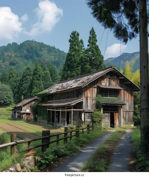 A traditional wooden house in a rural Japanese village
