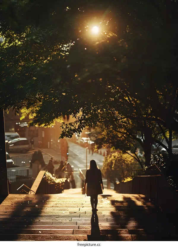 Woman Walking Up Stairs Towards Sunset in City