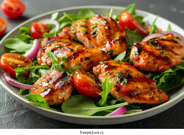 Grilled chicken breast with tomato and onion salad