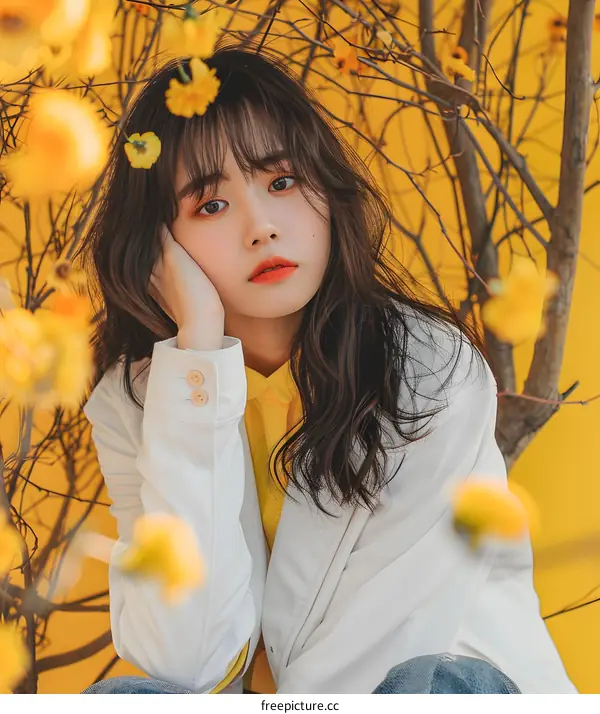 Woman With Long Dark Hair Posing in Front of Yellow Flowers