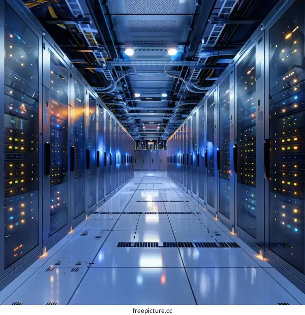 Server room with rows of server racks containing multiple server blades