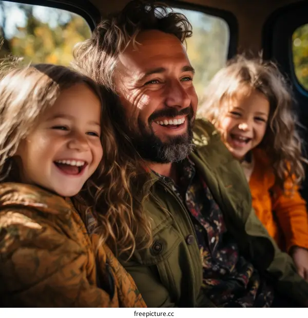 Father smiling with daughters in car