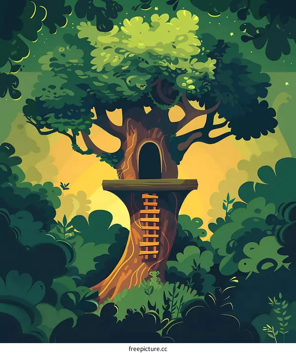 Cartoon Treehouse In Lush Green Forest