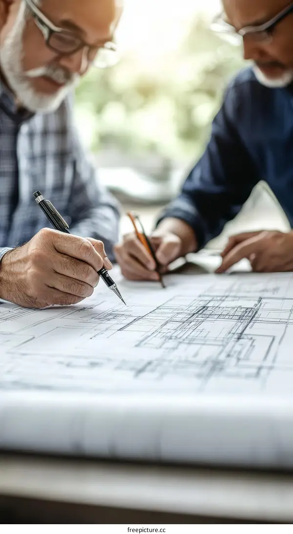 Two Architects Working on Blueprint Design