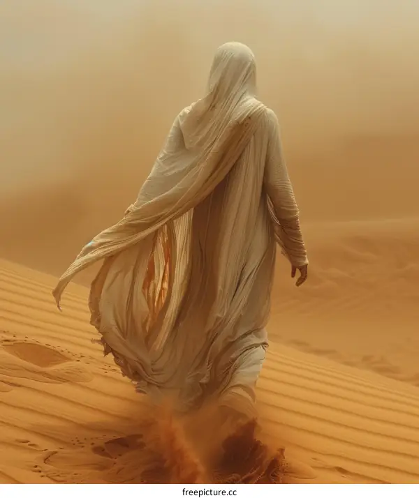 A woman in a white dress walks through the desert