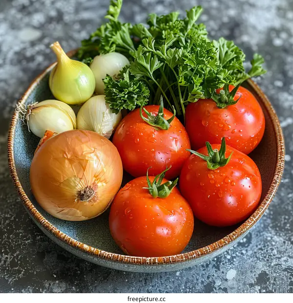 A bowl of tomatoes, onions, and parsley