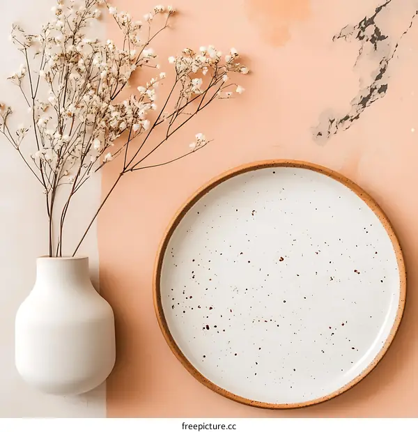 White Plate with White Flowers on an Orange Background