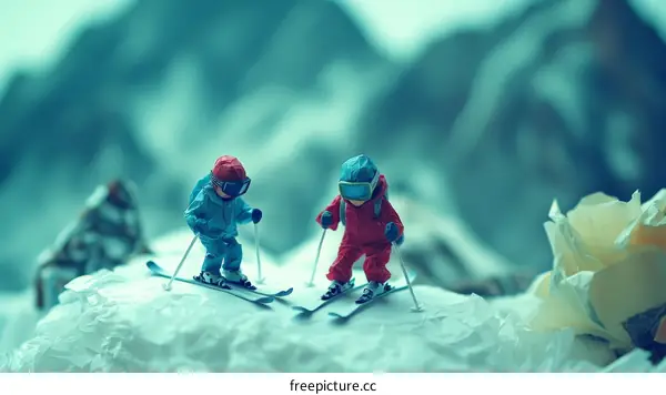 Miniature Skiers on a Snowy Mountain