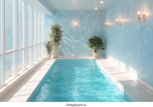 Indoor Pool with Large Windows and Soft Blue Walls