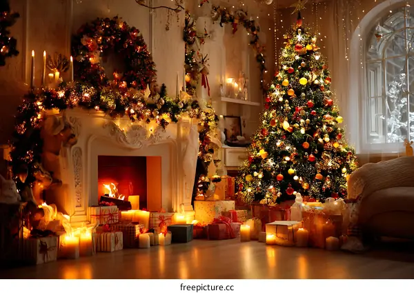Christmas Interior with Fireplace and Tree
