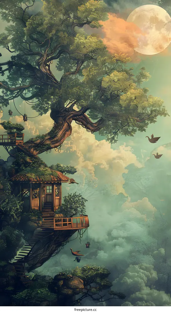 Treehouse in the Clouds with Full Moon
