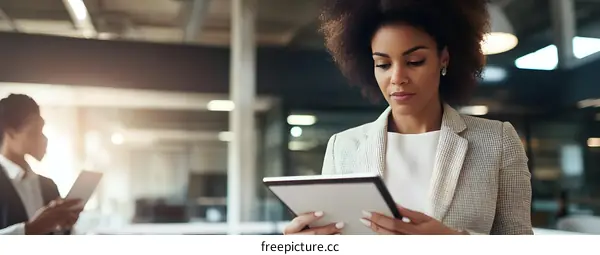African American Businesswoman Using Digital Tablet in Office