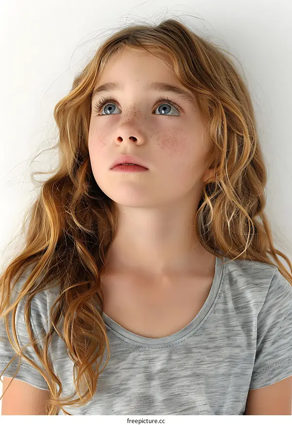 Portrait of a Young Girl with Wavy Blonde Hair Looking Up
