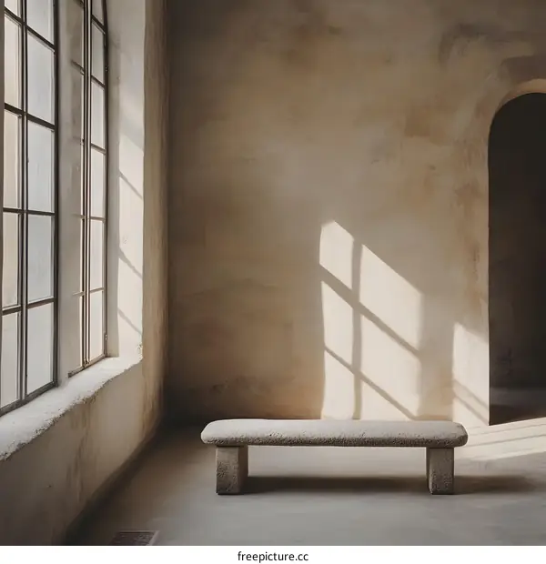 Stone Bench in a Room with Sunlight Streaming Through a Window
