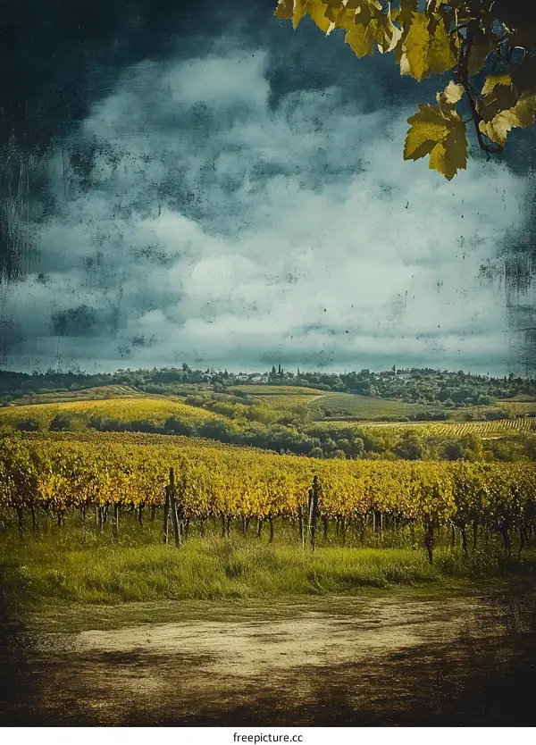 Vineyard Landscape with Cloudy Sky and Yellow Leaves