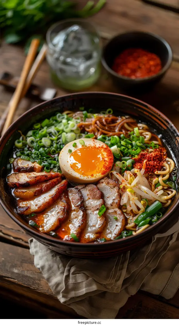 A delicious bowl of ramen with pork, egg, and vegetables