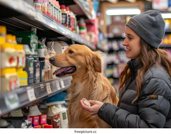 Woman shopping for dog food in a pet store