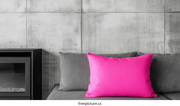 Modern Gray Concrete Wall Living Room Sofa with Pink Pillow