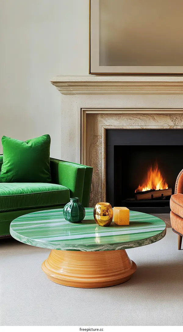Modern Living Room with Green Sofa and Marble Coffee Table