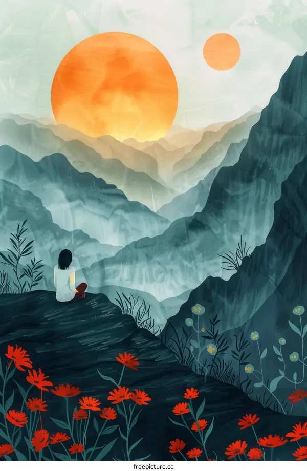 Girl Contemplating Sunset Over Mountains