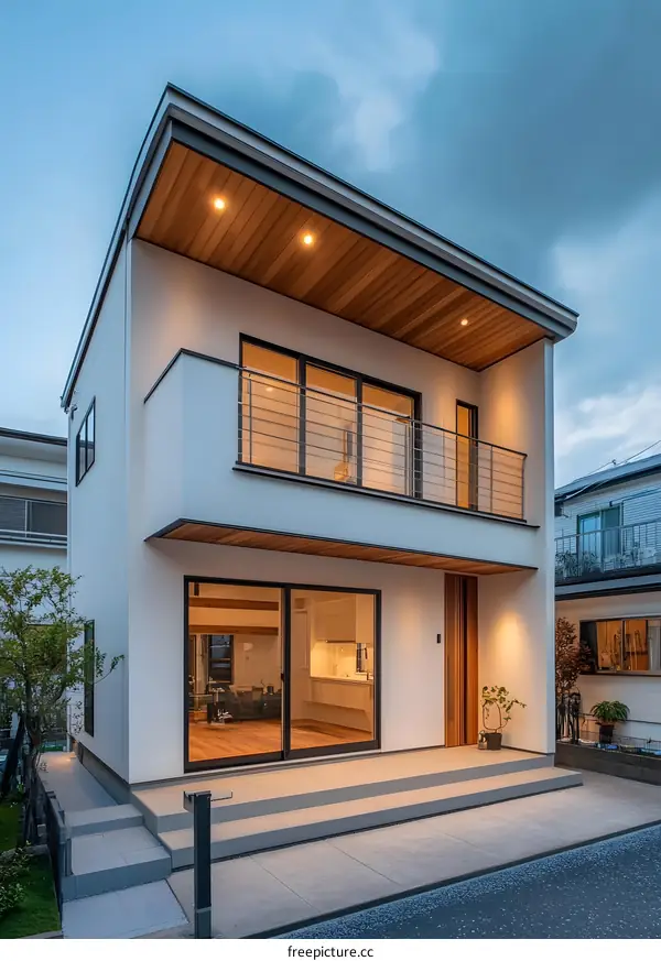 Modern Minimalist Two Story House Exterior with Wooden Ceiling and Balcony