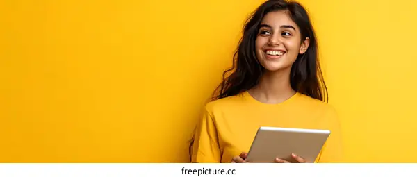 Smiling Woman Using Tablet in Yellow Background
