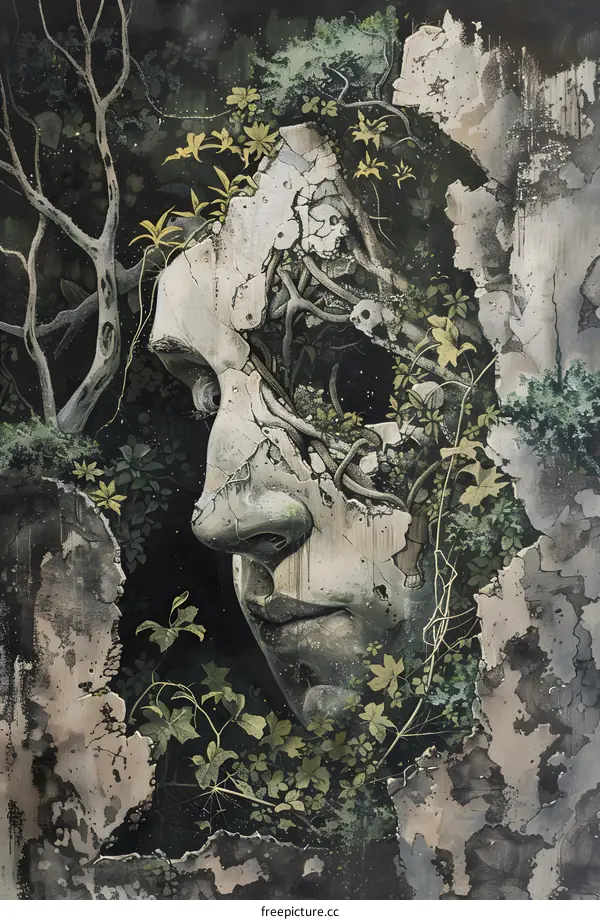 Nature and Decay, A Face Emerging from Vines and Ruins
