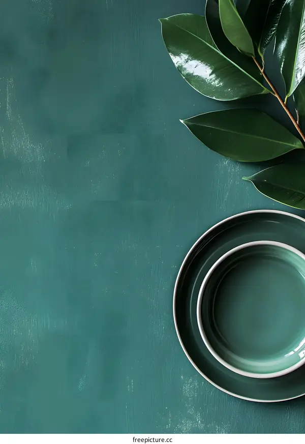 Green Plates and Leaves Minimalist Background