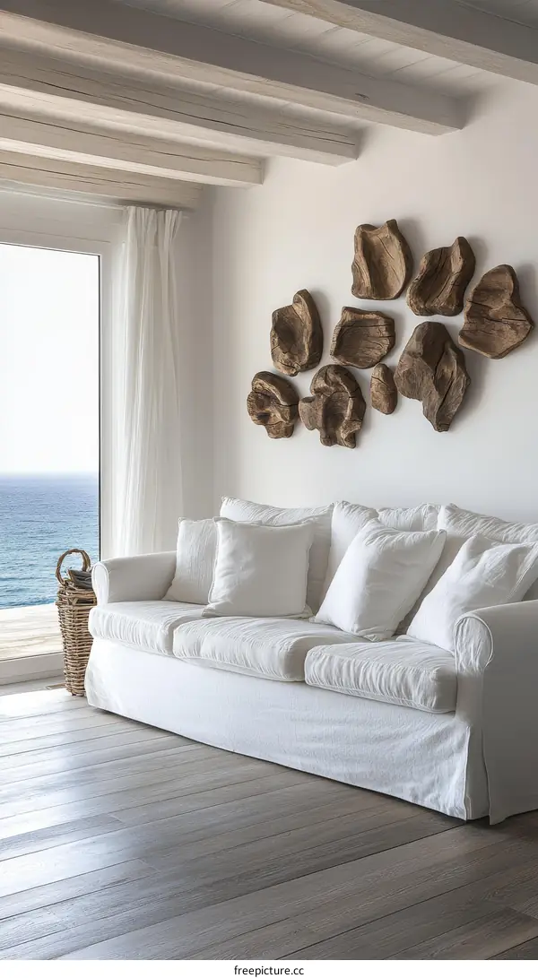 Coastal Living Room with Wooden Wall Art