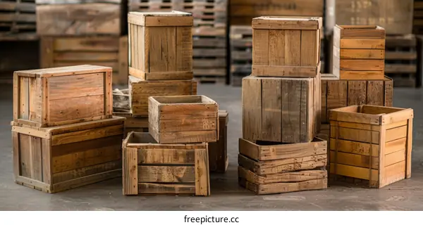 A variety of wooden crates and boxes in a warehouse