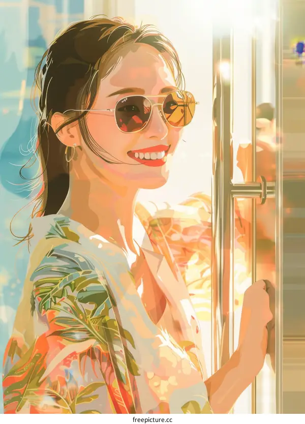 An illustration of a young woman with sunglasses smiling