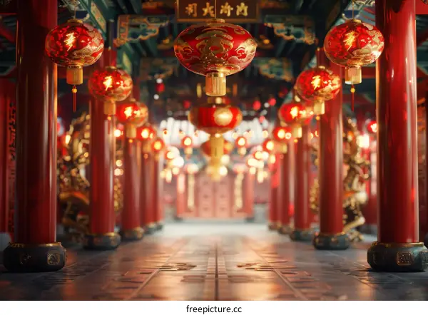 Courtyard with Red Lanterns and Curved Roof in Chinese Architecture