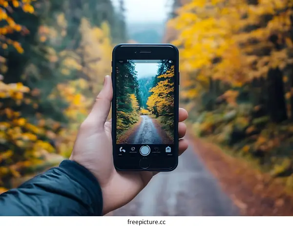 Person Holding Phone Taking Picture Of Autumn Forest Path