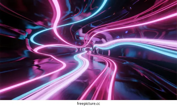 Abstract Neon Light Streams in Futuristic Digital Tunnel