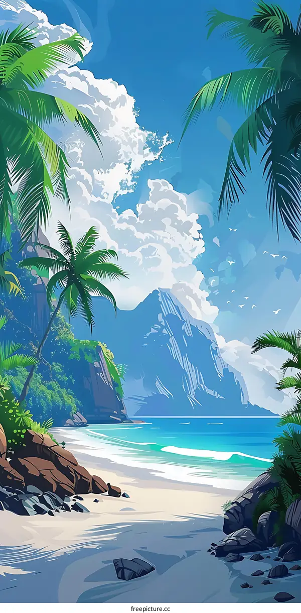 Tropical Beach with Palm Trees and Mountains