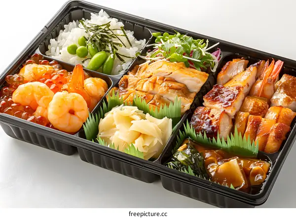 A delicious and healthy Japanese bento box with shrimp, chicken, vegetables, and rice