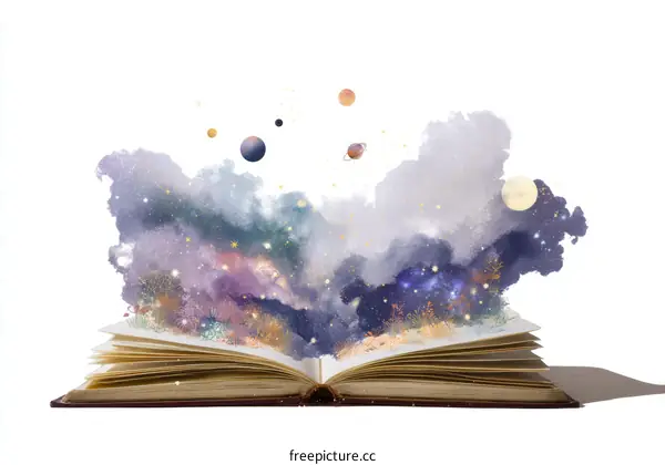 Open Book with Cosmic Watercolor Illustration