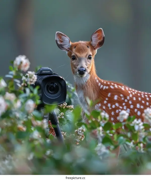 Curious Deer fawn checking out a camera in the forest