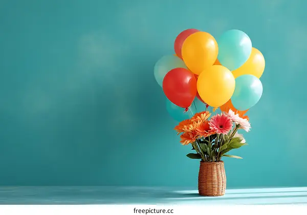 Colorful Balloons and Flowers Arrangement on Teal Background