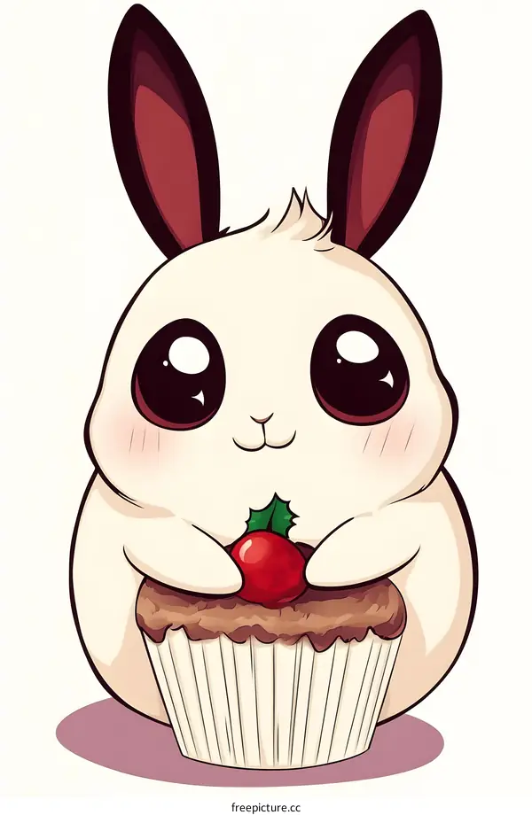 Cute Cartoon Bunny Holding a Cupcake with Holly