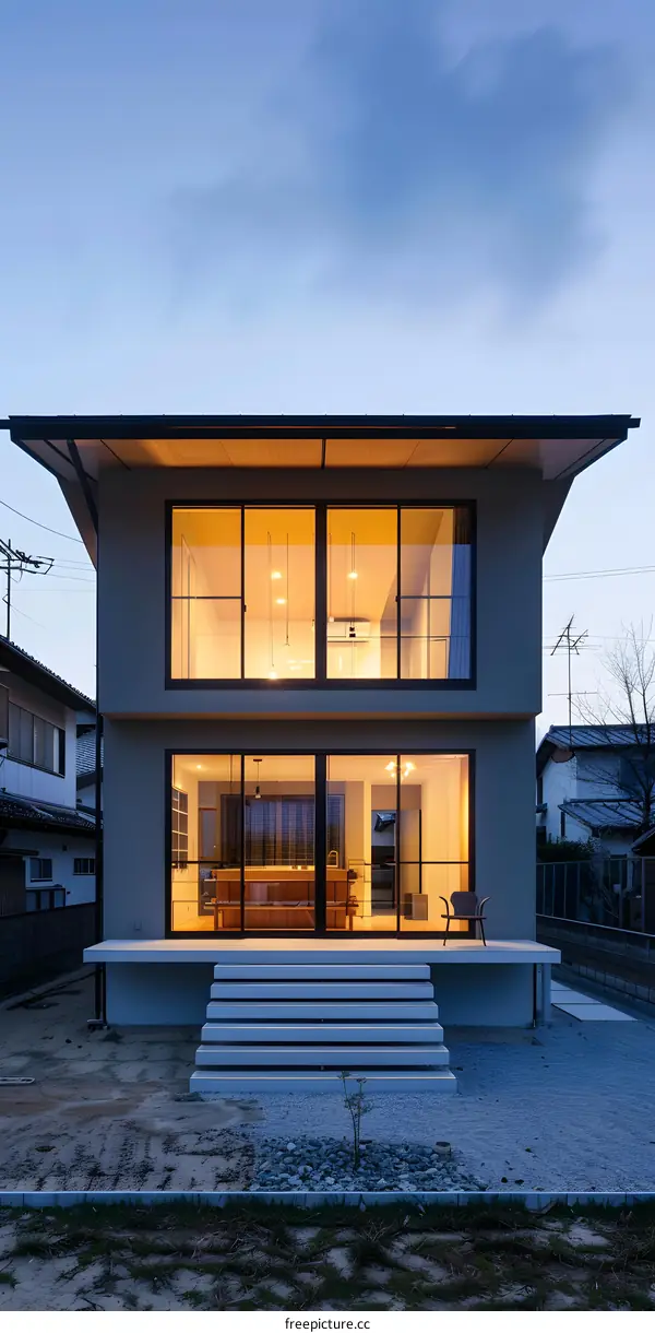 Modern Japanese House with Large Windows at Dusk