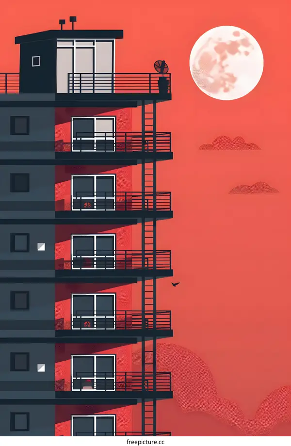 Minimalist Illustration of Building with Balcony and Moon