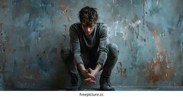Young Man Sitting on Floor with Rusted Wall Background