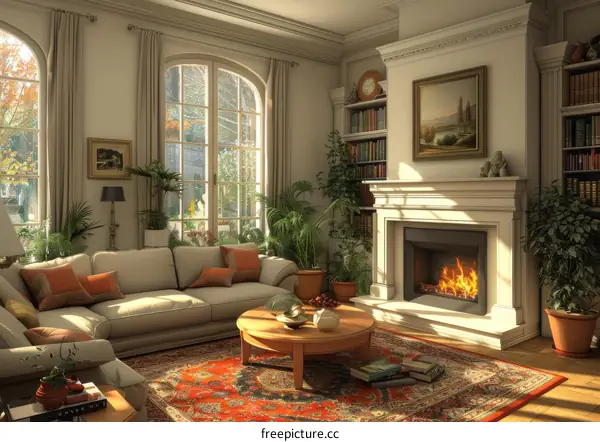Living Room with Cozy Fireplace and Sofa