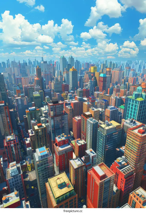 Colorful Cityscape with Skyscrapers and Blue Sky