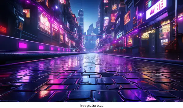 futuristic city street with neon lights reflecting off wet pavement