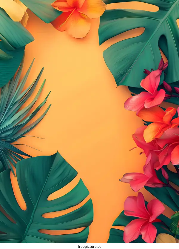 Tropical Summer Background with Green Leaves and Flowers