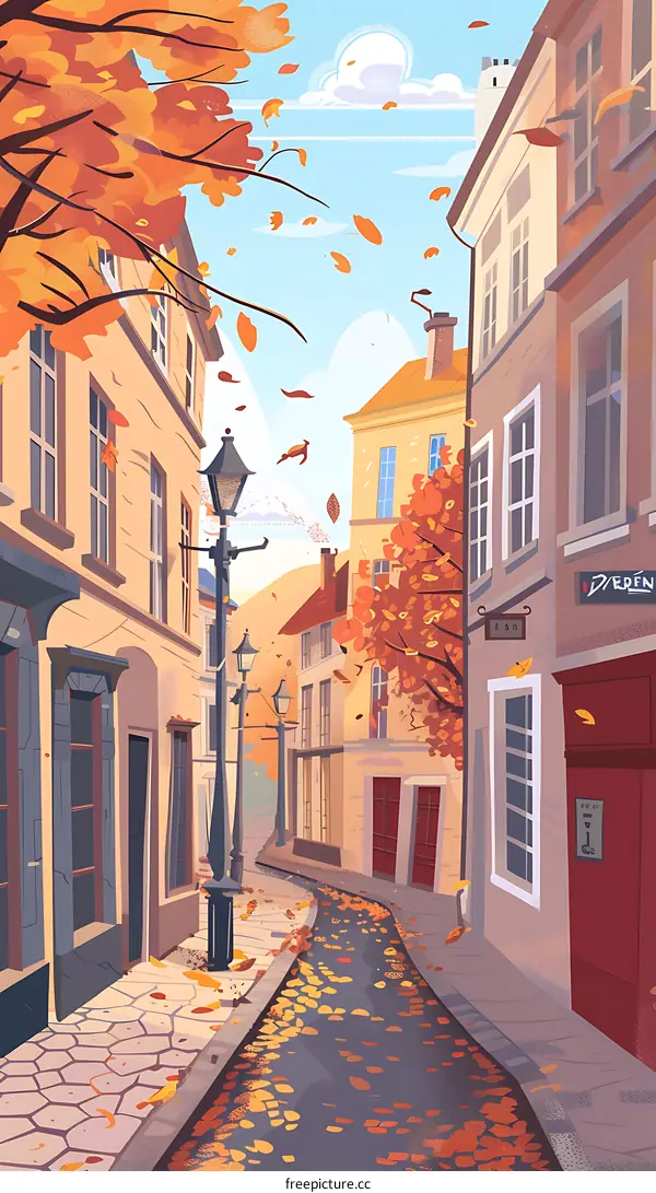 Autumn Street Scene with Falling Leaves