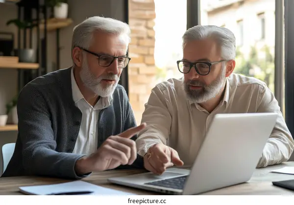 Two Mature Adults Collaborating on a Laptop