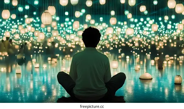 Man Sitting in a Room Filled with Lanterns